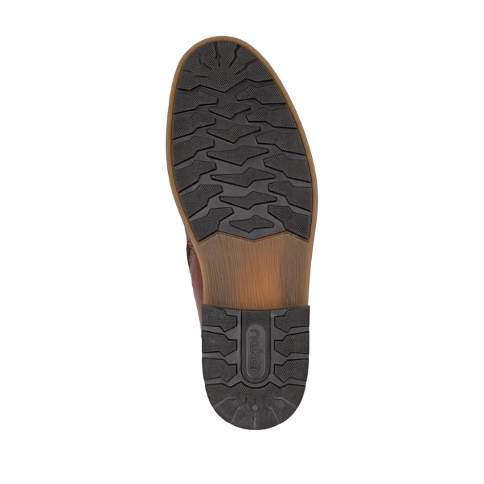 Dark brown and light brown treaded outsole with Rieker logo stamped in heel.