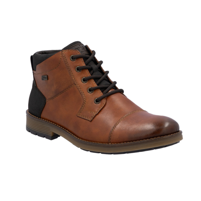 Brown leather dress boot with dark brown accents and brown lances with detailed stitching. 