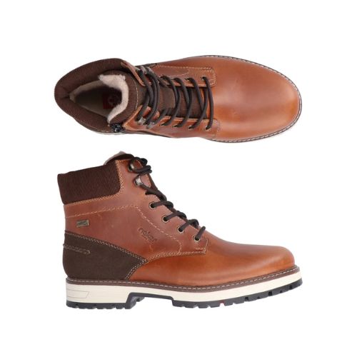 Pair of Brown ankle boot with laces, brown knit cuff, fleece lining, dark brown heel, white midsole and black treaded outsole.