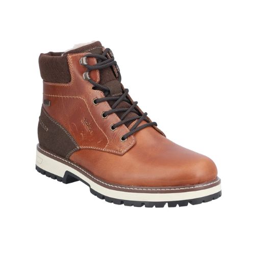 Brown ankle boot with laces, brown knit cuff, dark brown heel, white midsole and black treaded outsole.