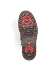 Dark Brown lugged outsole with red OC collapsible ice grips at ball and heel of outsole.
