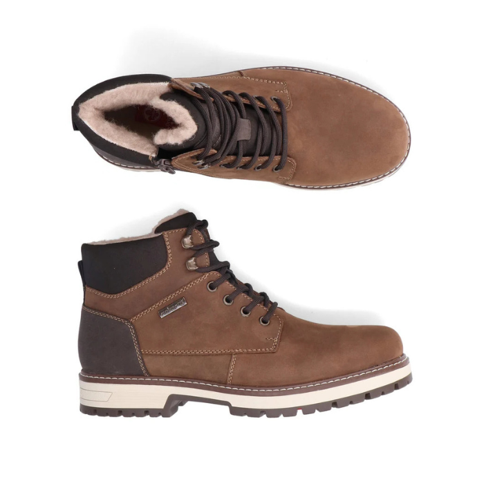 Pair of brown suede lace-up ankle boots with black trim, a black heel, fur lining and a white midsole, and dark lugged outsole.