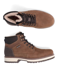 Pair of brown suede lace-up ankle boots with black trim, a black heel, fur lining and a white midsole, and dark lugged outsole.