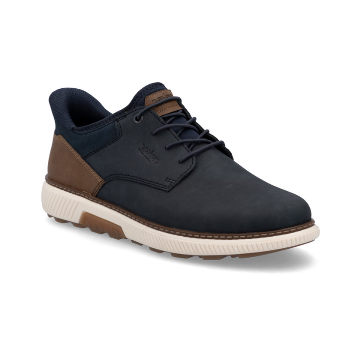 Navy sneaker with brown accents, elastic laces, white midsole and brown outsole. 