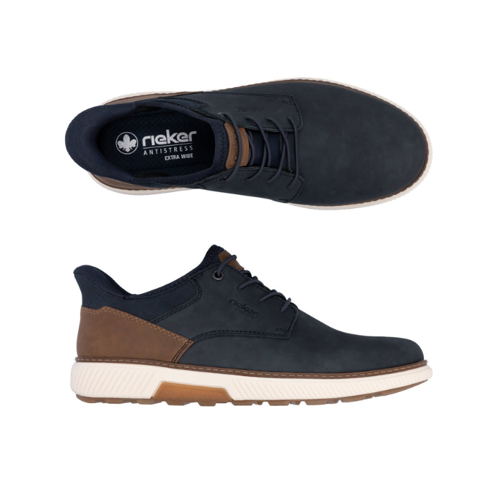 Pair of Navy sneakers with brown accents, elastic laces, black Rieker logo'd footbed, white midsole and brown outsole. 