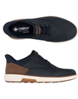 Pair of Navy sneakers with brown accents, elastic laces, black Rieker logo'd footbed, white midsole and brown outsole. 