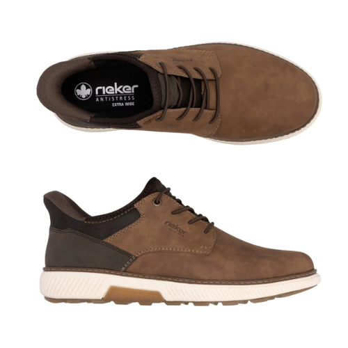 Pair of Brown sneakers with dark brown accents, elastic laces, black Rieker logo'd footbed, off-white midsole and brown outsole. 