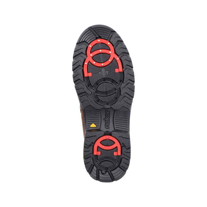 Black treaded outsole with red collapsible cleats and Rieker logo stamped in middle. 