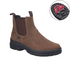 Brown Chelsea style ankle boot with black rugged outsole, elastic side panels and icon for collapsible cleats.