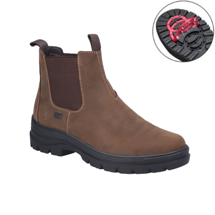 Brown Chelsea style ankle boot with black rugged outsole, elastic side panels and icon for collapsible cleats.