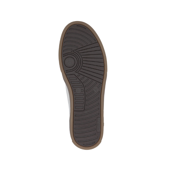 Dark brown outsole with tan border, light tread pattern and Rieker logo on edge.
