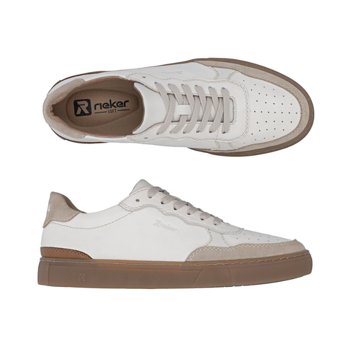 Pair of White sneakers with perforated toe, beige suede accents, tan Rieker logo'd footbed, and a tan outsole.