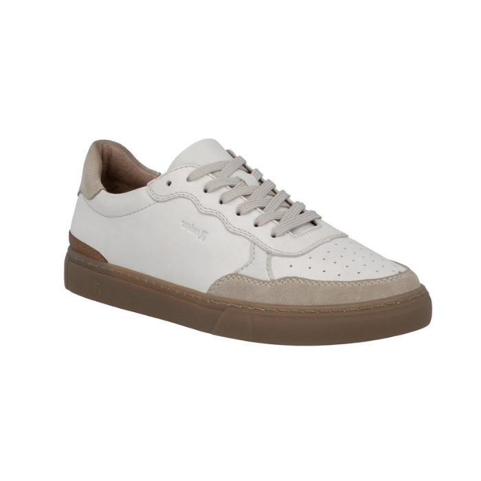 White sneaker with perforated toe,  beige suede accents and a tan outsole.