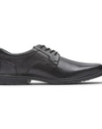 Black leather dress shoe with lace closure.