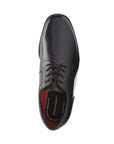Top view of black leather dress shoe with lace closure. Rockport logo on insole.