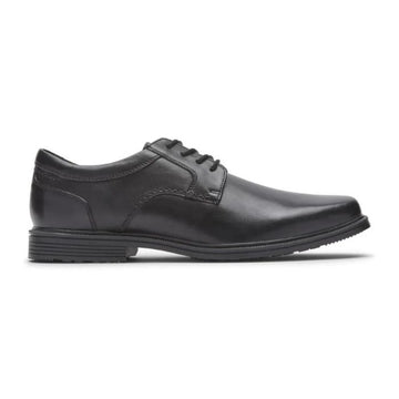 Black leather dress shoe with lace closure.