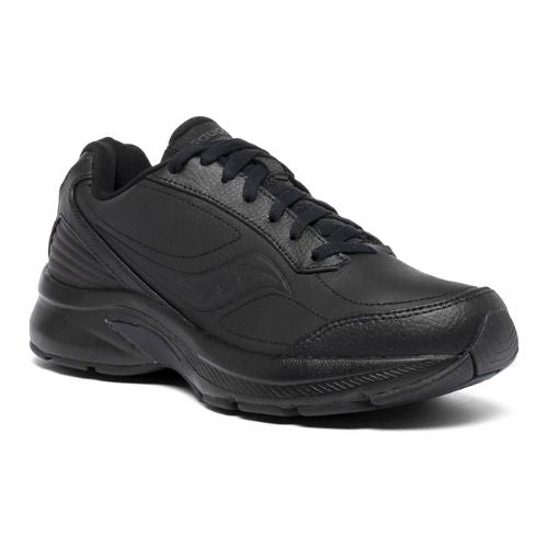 Black Integrity ST2 shoe by Saucony has rugged running shoe look with Black laces and a swoosh image on side