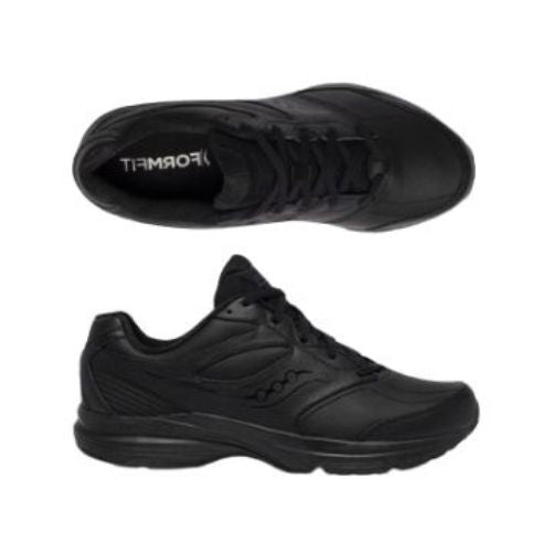 Top and side view of black leather Saucony sneaker