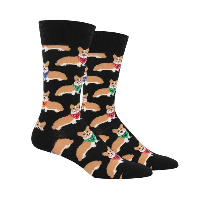 Black socks with corgi's wearing different colored bandanas.