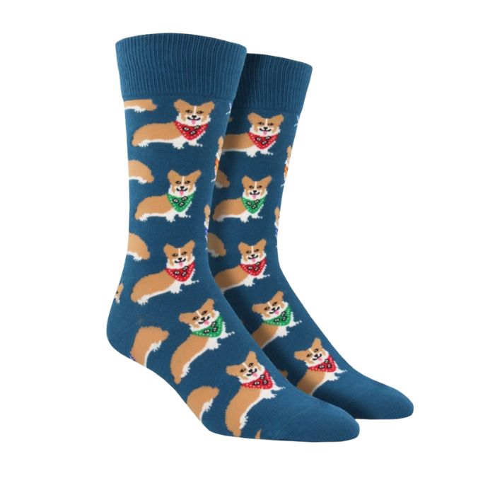 Blue socks with corgi's wearing different colored bandanas.