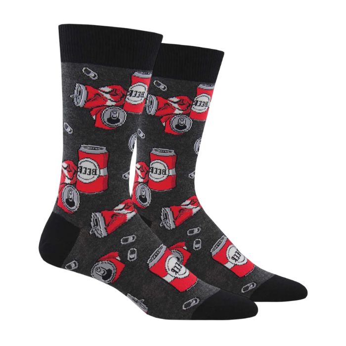 Grey socks with red beer cans crushed and open with black cuff, toe and heel cap.