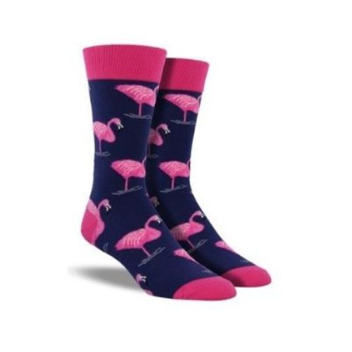 Pink flamingos on navy cotton crew socks with pink heel, toe, and cuff.