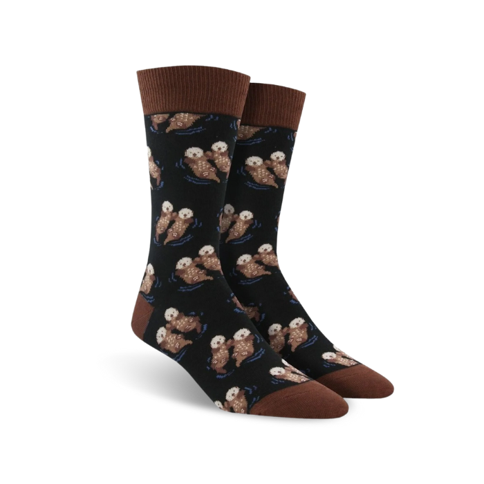Men's Socksmith Significant Otter cotton crew socks in black with brown trim, showcasing playful otters. Ideal novelty socks for animal lovers.