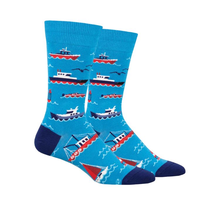Blue men's socks with colorful various boats sailing.