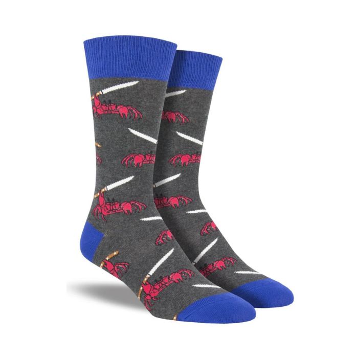 Men's grey Socks with red crabs holding knives and blue cuff, heel and toe cap.