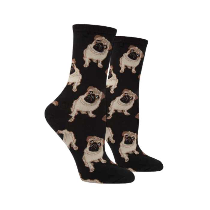 Women's Socksmith Pugs Socks in black featuring cute pug dog prints.  
