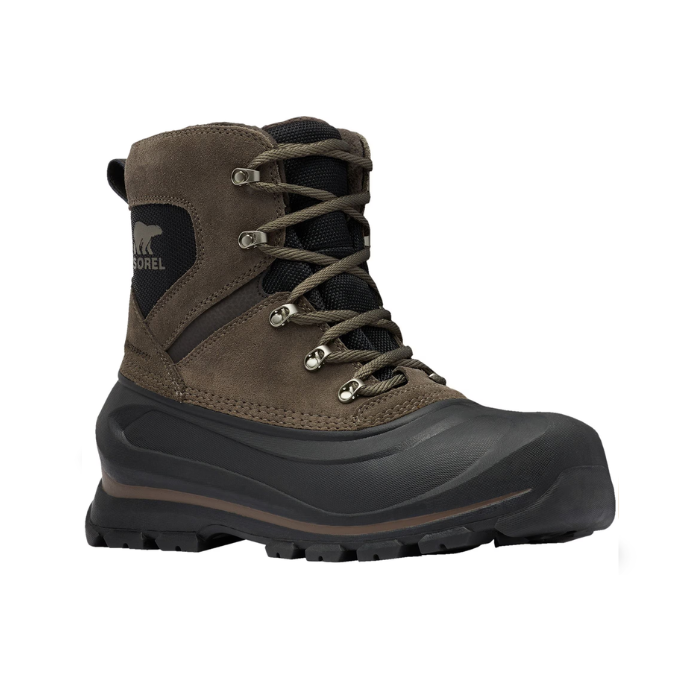A lace-up winter boot in dark brown leather with black rubber foot, Sorel logo on side and lugged outsole.