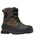 A lace-up winter boot in dark brown leather with black rubber foot, Sorel logo on side and lugged outsole.