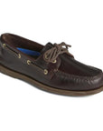 Dark brown leather oat shoe with leather laces and contrasting stitching.