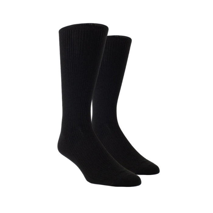 Black crew socks with ribbing through leg.