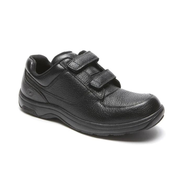 Black leather shoes with two adjustable Velcro straps.