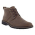 A Brown leather low-heel boot with detailed stitching, brown laces, light brown stitches on mid-sole with dark brown outsole. 