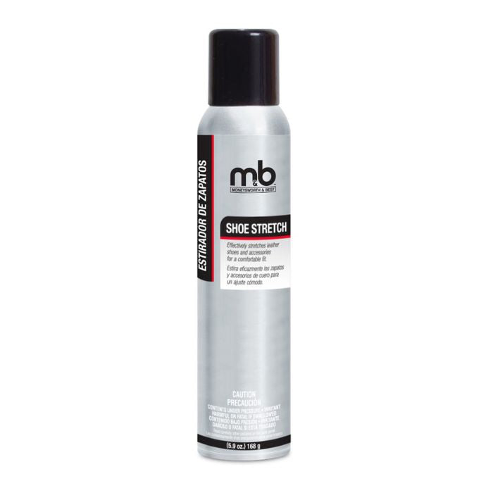 Silver can with black cap and labels for Shoe Stretch product.