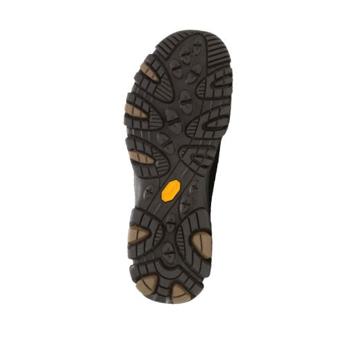 Black rugged outsole with yellow Vibram logo in middle.