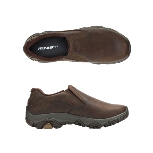Pair of leather moc slip on shoes in brown, Merrell logo'd footbed with rugged black outsole.