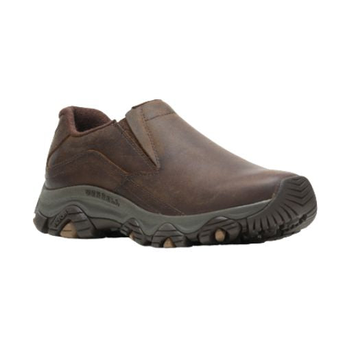 A men's leather moc slip on shoe in brown with rugged black outsole.