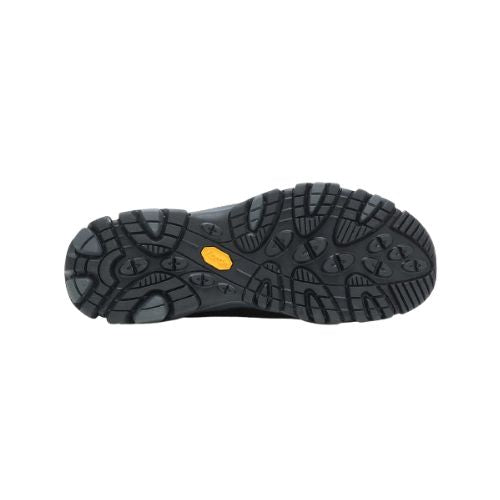 Black rugged outsole with yellow Vibram logo in middle.