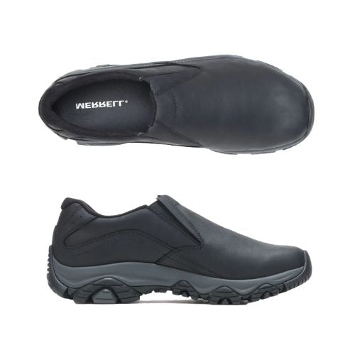 Pair of black leather moc slip on shoes with grey midsole and treaded black outsole.
