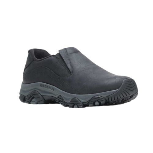 Black leather moc slip on shoe with grey midsole and treaded black outsole.