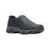Black leather moc slip on shoe with grey midsole and treaded black outsole.