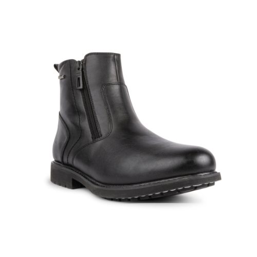 Black leather boot with a zipper and treaded outsole.