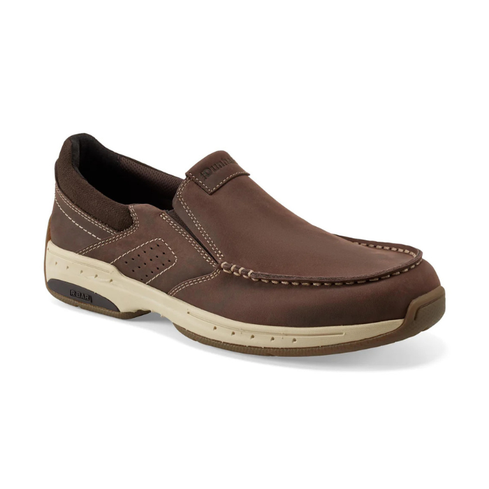 Brown leather loafer shoe with accent stitching and beige midsole.