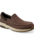 Brown leather loafer shoe with accent stitching and beige midsole.