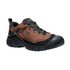 Lace-up brown leather hiking shoe with black accents and a black rubber outsole with toe bumper.
