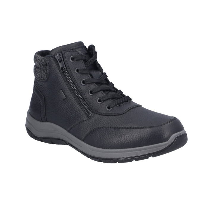 Black high top leather boot with laces and dual zipper, grey knit heel cuff, grey midsole and black outsole.