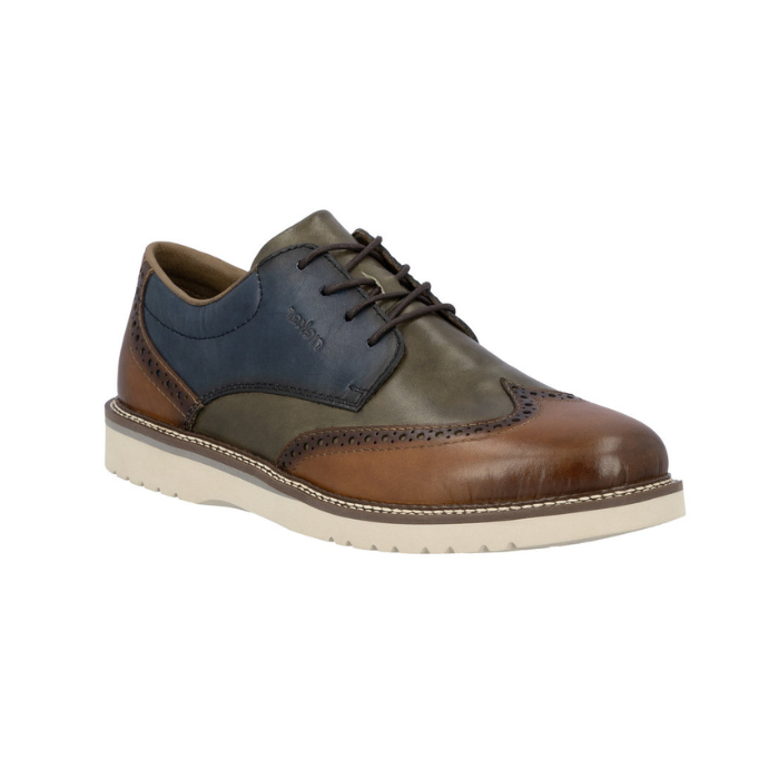Multicolored dress shoe with brown, blue, and green sections with brogue and off white outsole.